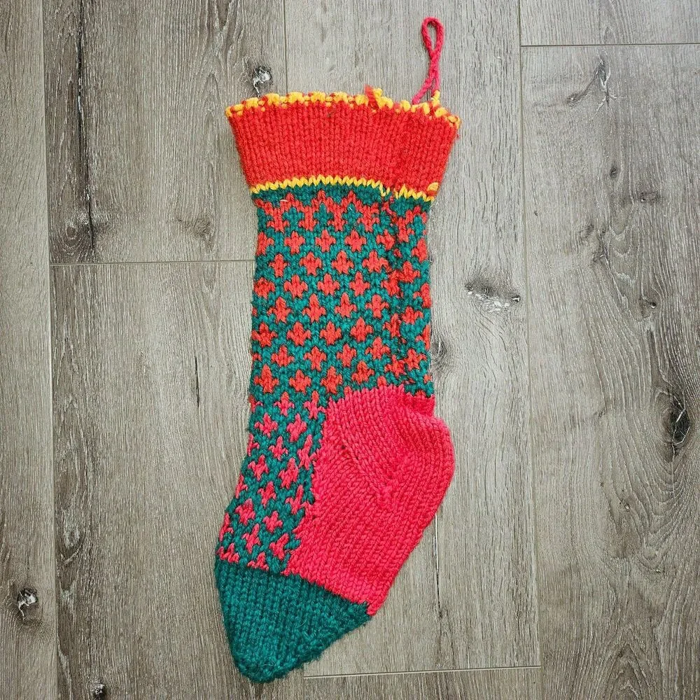 Vintage Handmade Crocheted Knitted Red green Christmas Stocking 21